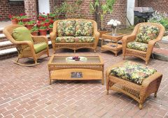 5 Piece Palm Springs Resin Wicker Furniture Set, Love Seat, Chair, Ottoman, Rocker & Cockktail Table