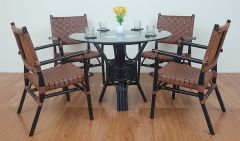 5 Piece Rattan Dining Set With Leather Strapped Chairs & 42" Round Dining Table Riviera Style, Black Frames with Brown Seat & Backs
