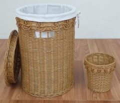 Wicker Hamper Round Lined Beaded Victorian Style AND Matching Round Waste Basket Caramel