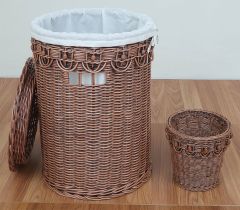 Wicker Hamper Round Lined Beaded Victorian Style AND Matching Round Waste Basket Teawash Brown