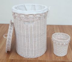 Wicker Hamper Round Lined Beaded Victorian Style AND Matching Round Waste Basket Whitewash