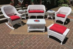 7 Piece White Vineyard Natural Wicker Set with 1-Chair 1-Rocker (Extra Round End Table)