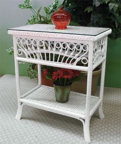 Wicker Console Table w/ Glass Top, Scarlet Victorian Style 