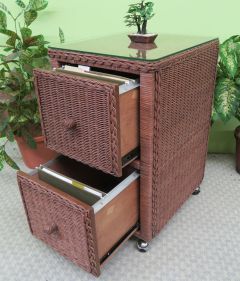 Wicker File Cabinet 2 Drawers with Glass Top, Tea Wash