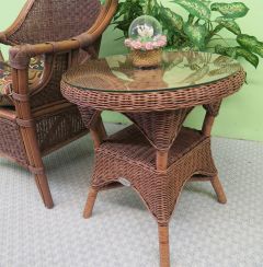 Santa Fe Round End Table with Glass Top, Tea Wash