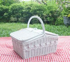 Wicker Picnic Basket, Lined, Beaded Victorian Style White