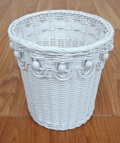 Wicker Waste Basket Round Beaded Victorian Style White 