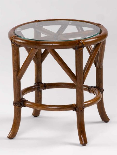 Wicker End Table, Round Rattan Frame with Glass Top, Riviera Style (Custom Finishes)