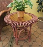  Rattan End Table With Solid Teak Wood Top Round Martinique Style. (Teawash Brown)