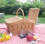 Wicker Picnic Basket, Lined Beaded Victorian Style Caramel