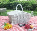 Wicker Picnic Basket, Lined, Beaded Victorian Style White