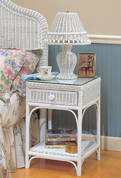 Wicker Night Table Diamond 1 Drawer with Glass Top White