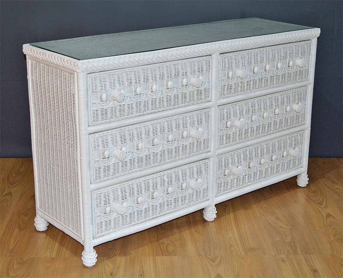 Wicker Dresser Victorian Beaded 6 Drawer w Inset Glass Top White