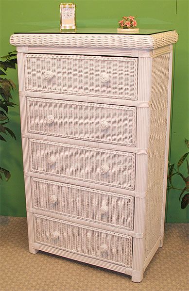 Wicker Dresser Pavilion 5 Drawer w Glass Top White