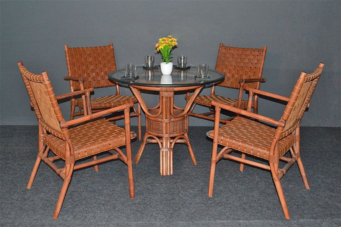 Rattan Dining Set W 4 Leather Strapped Chairs 1 2 thick 36 Glass Top Riviera Style Tea Wash Brown March