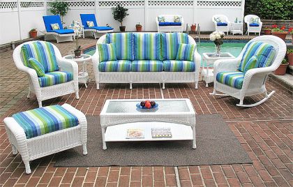 Resin Wicker Furniture w/ Sofa, Chair, Rocker, Otto &amp; 2 Tables Brown Laguna Beach Style