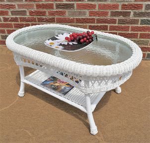 Resin Wicker Cocktail Table, w/Inset Glass Top, Oval Bel Aire Style (5) Colors 