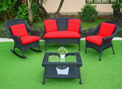 Cape May Resin Wicker 4 Piece Set -(1) Chair &amp; (1) Rocker w/Seat &amp; Back Cushions, Premium Solid Synthetic Indonesian Wicker &amp; Tempered Glass Topped Tables-