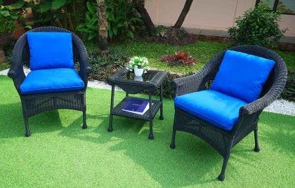 Cape May Resin Wicker 3 Piece Chat Set -(2) Chair w/Seat &amp; Back Cushions, Premium Solid Synthetic Indonesian Wicker &amp; Tempered Glass Topped Square End Table