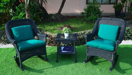 Cape May Resin Wicker 3 Piece Chat Set -(2) Rockers w/Seat &amp; Back Cushions, Premium Solid Synthetic Indonesian Wicker &amp; Tempered Glass Topped Square End Table