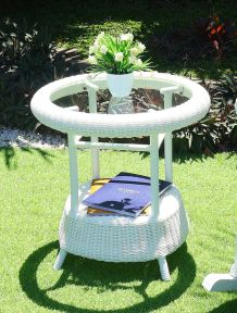 Cape May Resin Wicker Outdoor Round End Table w/Inset Tempered Glass Top, Premium Indonesian Solid Synthetic Wicker 