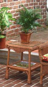 Wicker End Table w/ Glass Top, Natural Wicker, Diamond Style (2 colors)
