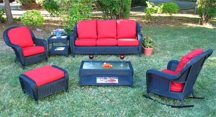 Resin Wicker Patio Set with Sofa, 2 Chairs, Otto &amp; 2 Tables Driftwood Laguna Beach Style