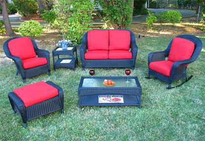 Resin Wicker Furniture Set W/Love Seat, Chair, Rocker. Otto &amp; 2 Tables Brown Laguna Beach Style