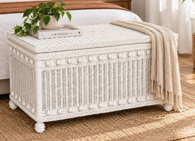 Wicker Trunk Victorian Beaded White Woodlined