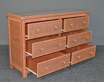 Wicker Dresser Milano 6 Drawer Lingerie Chest w/Wooden Top & Mahogany Wood Frame Available in Tea Wash Brown