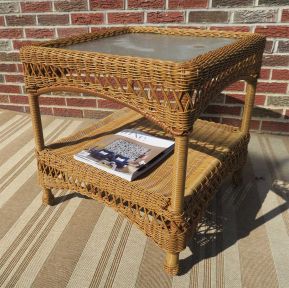 Resin Wicker End Table w/Inset Glass Top, Palm Springs Style (4) Colors
