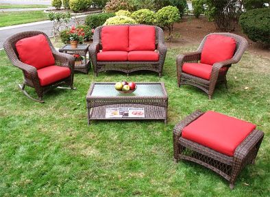 5 Piece Palm Springs Resin Wicker Furniture Set, Love Seat, Chair, Ottoman, Rocker &amp;  Cockktail Table