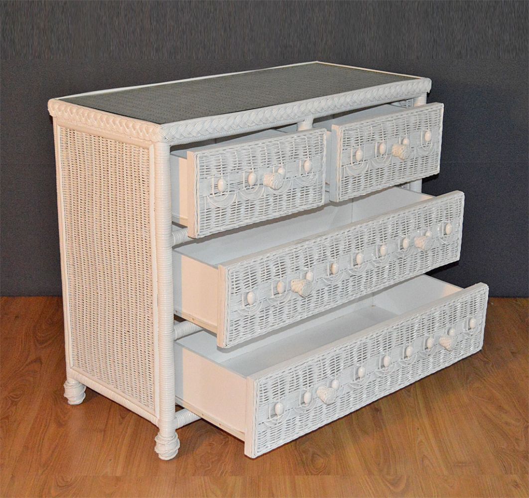 Wicker Dresser Victorian 4 Drawer w Inset Glass Top, White