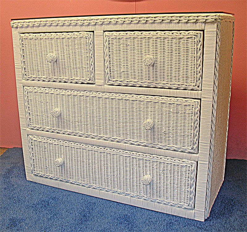 4 Drawer Wicker Dresser With Glass Top, White Wood And Wicker Dresser