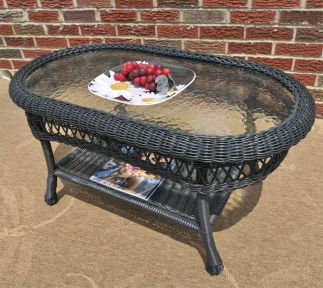 Resin Wicker Cocktail Table, w/Inset Glass Top, Oval Bel Aire Style (5) Colors 