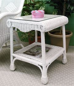 Wicker End Table w/ Glass Top, Natural Wicker, Diamond Style (2 colors)