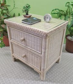 Wicker Night Table  with Glass Top Augusta, White Wash