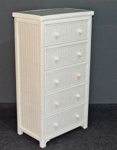 Wicker Dresser Augusta 5 Drawer w/Inset Glass Top White