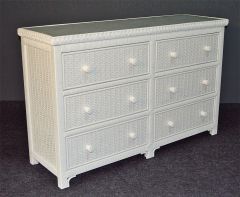 Wicker Dresser Augusta 6 Drawer w/Inset Glass Top White