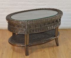 Wicker Coffee Table Oval with Glass Top, Beaded Victorian Style Coffee Brown
