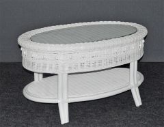 Wicker Coffee Table Oval w/ Glass Top, Beaded Victorian Style  White