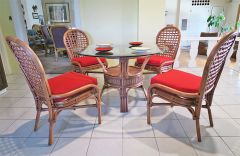 Rattan Dining Set 48" Round Teawash Coronado Style  (4) Cushioned Side Chairs