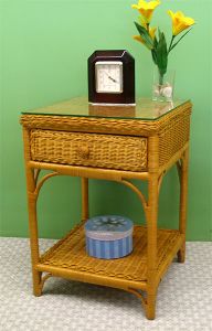 Wicker Night Table  Diamond 1 Drawer with Glass Top, Caramel
