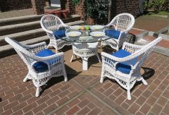 5 Piece Natural Wicker Dining Set, Garden Side 48" Round 1/2" Thick Glass Top