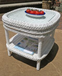 White Wicker End Table with Inset Glass Top, Garden Side Style 