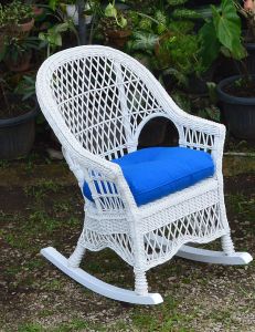 White Garden Side Natural Wicker High Back Rocking Chair with Cushion