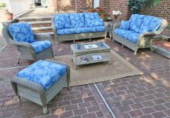 Resin Wicker Patio Set with Sofa, 2 Chairs, Otto & 2 Tables Driftwood Laguna Beach Style