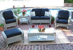 Resin Wicker Set with Love Seat, 2 Chairs, Otto & 2 Tables Driftwood Laguna Beach Style