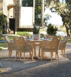 Lane Venture Edgewood Resin Wicker and Teak 48" (5) Piece Round Dining Set with Cushions, 4 Chairs