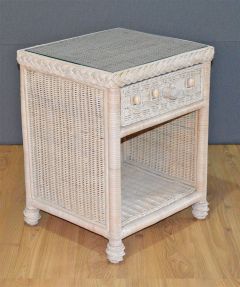 Wicker Night Stand, Victorian 1-Drawer with Inset Glass Top, White Wash